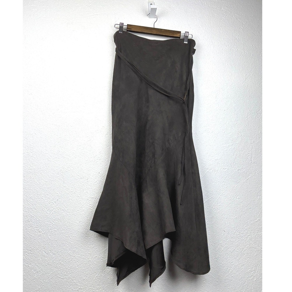Larry Levine Brown Faux Suede Midi Skirt - 12 - Handkerchief Hem Western Boho